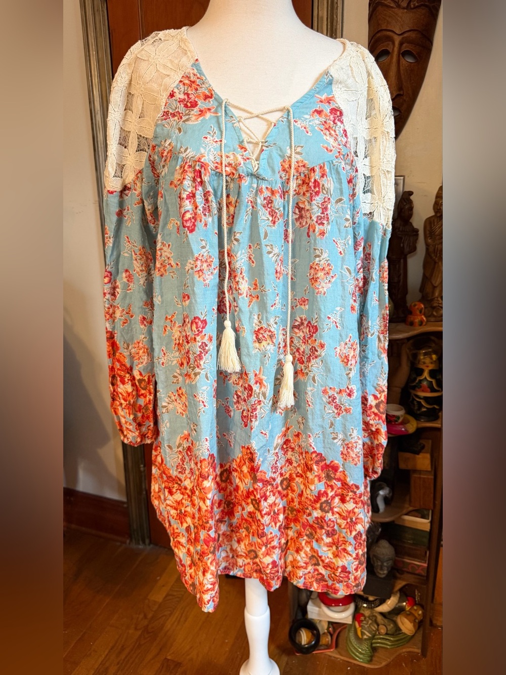 Cottagecore Tassels N Lace Boho Printed And Lace Oversized Dress Long Top/Dress